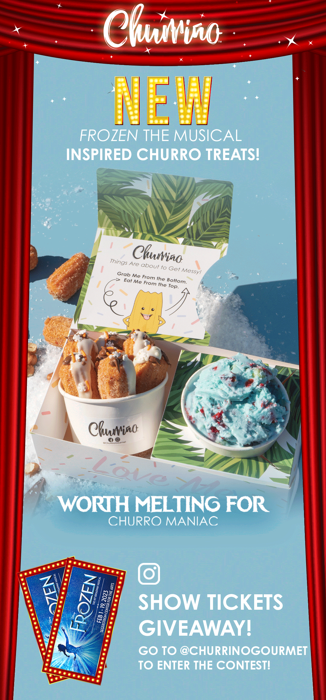 Churriño x Frozen the Musical Instagram campaign, Snow Queen and Churro Maniac flavors