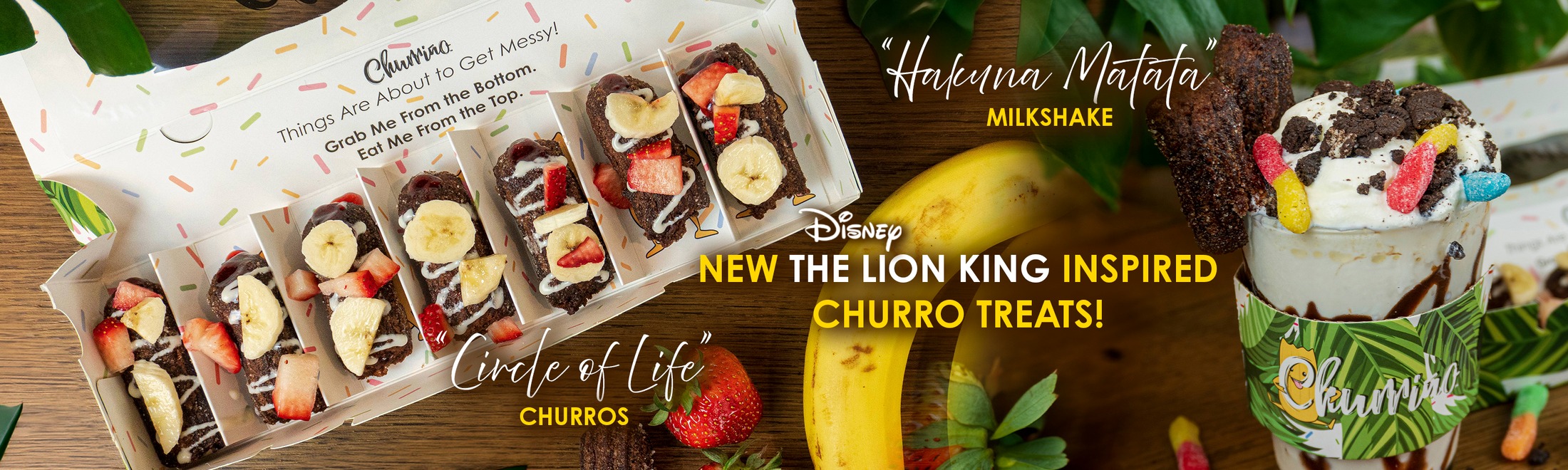 Churriño x The Lion King campaign menu — Circle of Life churros, Hakuna Matata milkshake