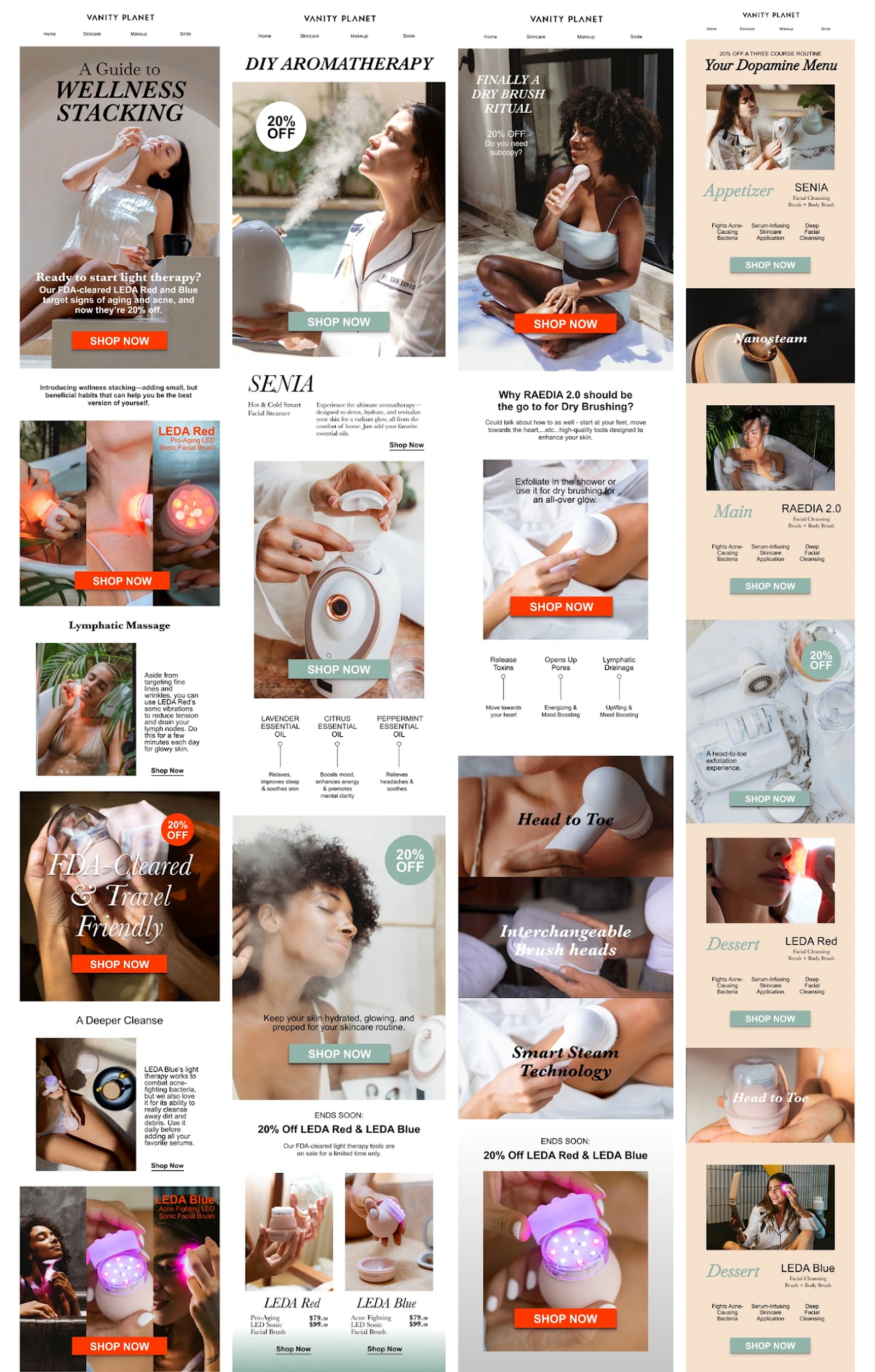 Vanity Planet email marketing campaigns — Wellness Stacking, DIY Aromatherapy, Dry Brush Ritual, Dopamine Menu